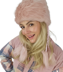 Fluffy winter beanie with pom-poms on strings