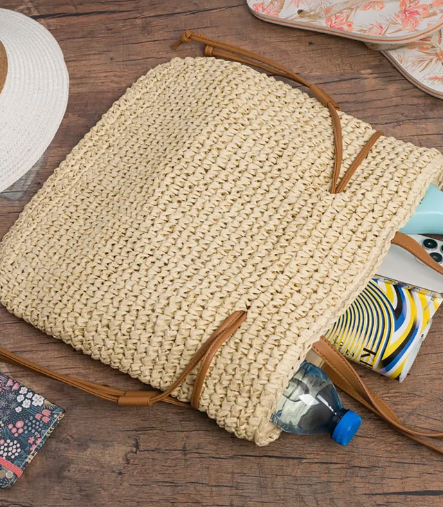 Torebka shopper boho z plecionki z troczkami i podszewką