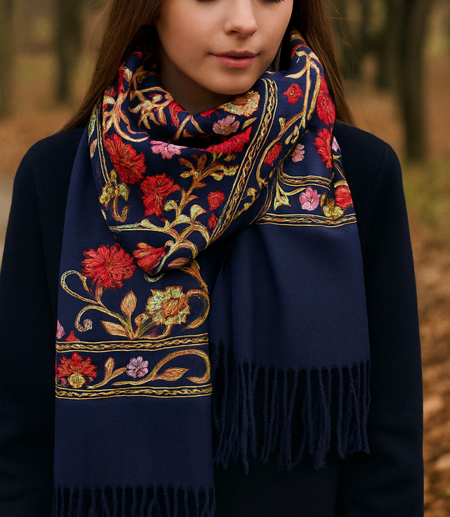 Women's folklore scarf with flower motif and tassels