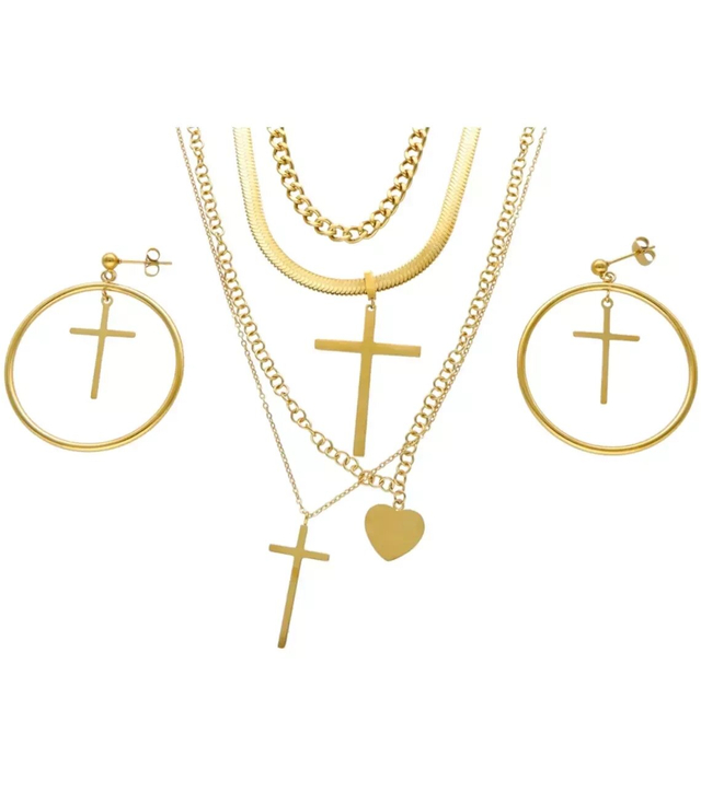 Jewelry gold necklace earrings steel cross