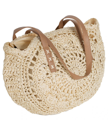 Large round straw beach bag, woven with an openwork pattern