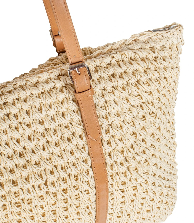 Large rectangular straw beach bag with eco-leather handles