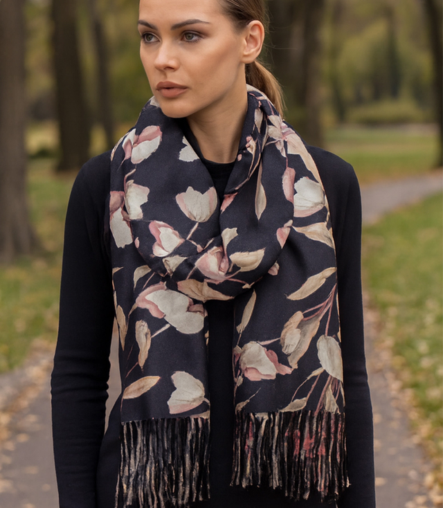 Women's scarf with a motif of small flowers tassels