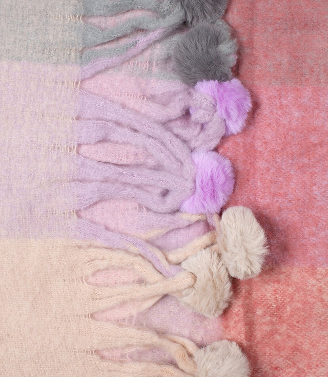 Fluffy shawl scarf squares knit pompoms