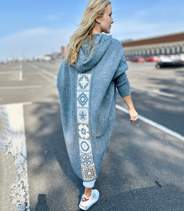 Long cardigan sweater Greek pattern with wool