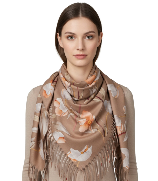 Elegant floral shawl scarf with tassels