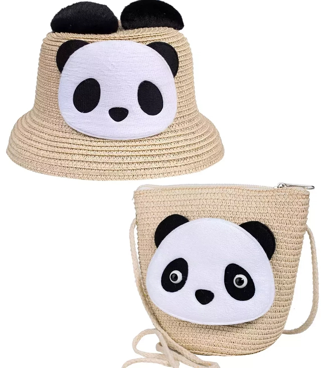 Komplet pleciony kapelusz uszy panda + torebka