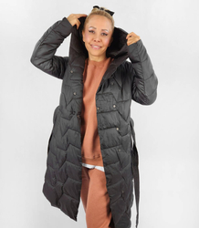 Long winter coat, jacket tied at the waist