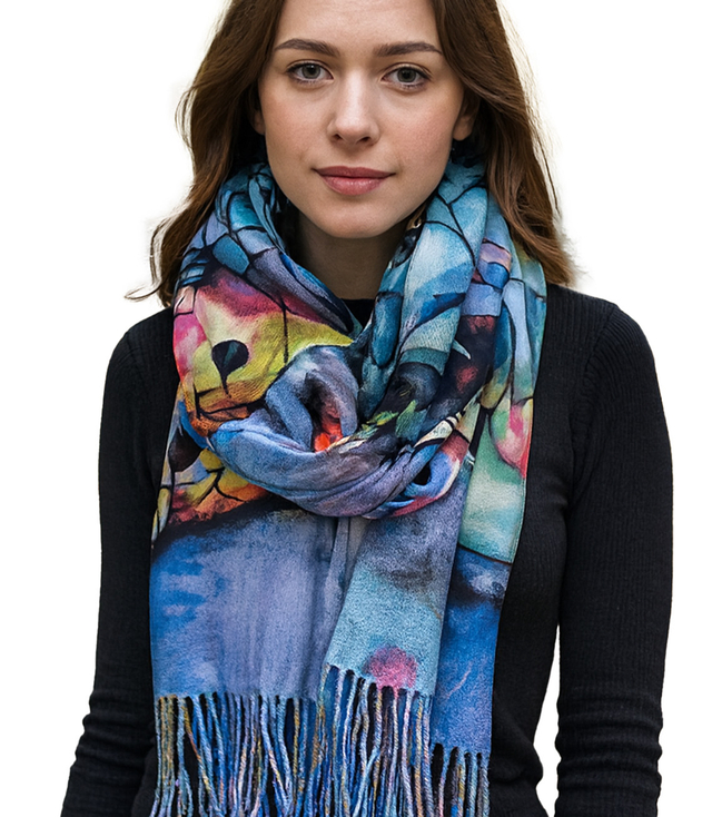 Women's scarf with abstract motif tassels