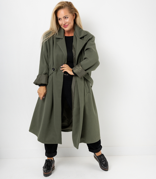 Women's long oversize coat with decorative belt KASIA