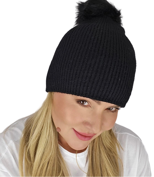 Warm women's beanie with pompon winter autumn ribbed monochrome hat