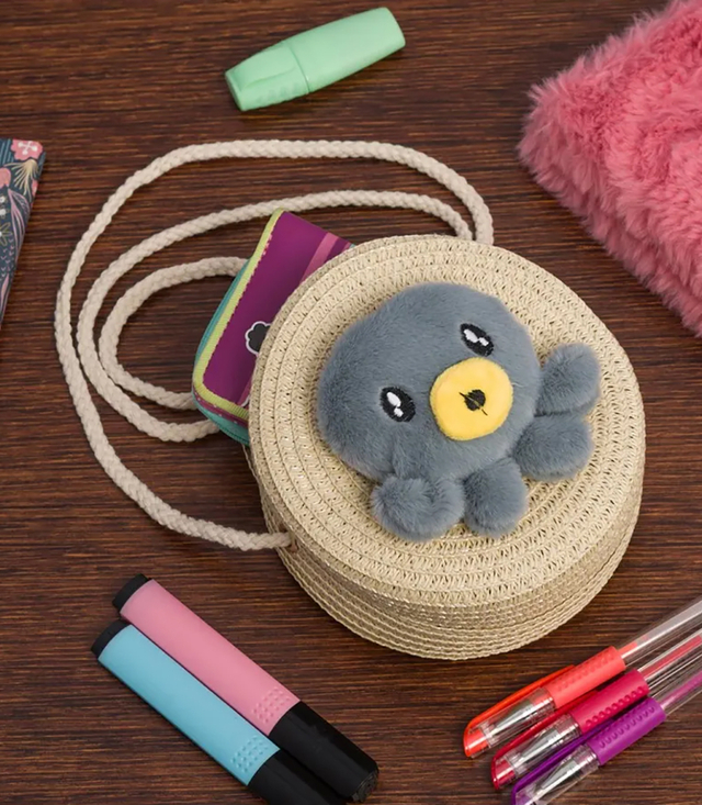 Children's Straw Bag with Plush Octopus 
