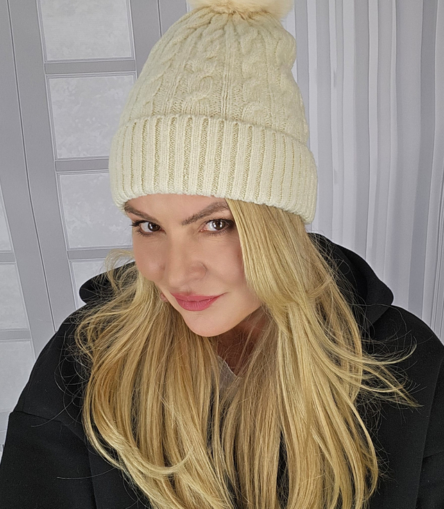 Warm women's cap with pom-pom autumn winter monochrome hat