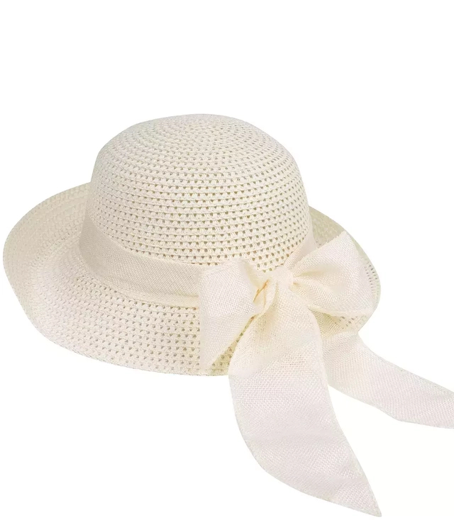 Openwork straw hat with wide ribbon bow