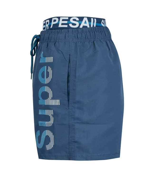 Swimming shorts with tape and the word SUPER