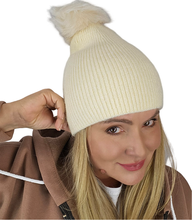 Warm women's beanie with pompon winter autumn ribbed monochrome hat