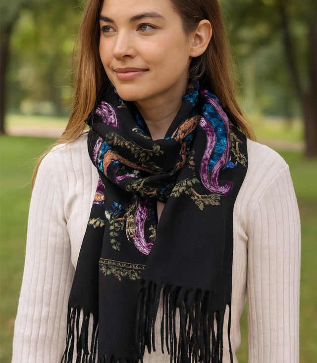 Women's scarf with embroidered pattern and tassels