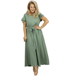 Long dress tied at the waist with short sleeves with frill CELINA
