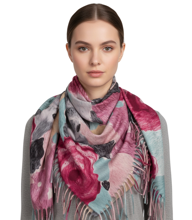 Multicolored elegant women's floral scarf with tassels