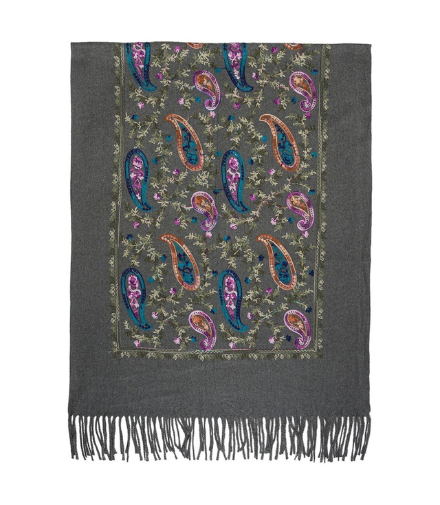 Szal damski z wzorem roślinnym i frędzlami