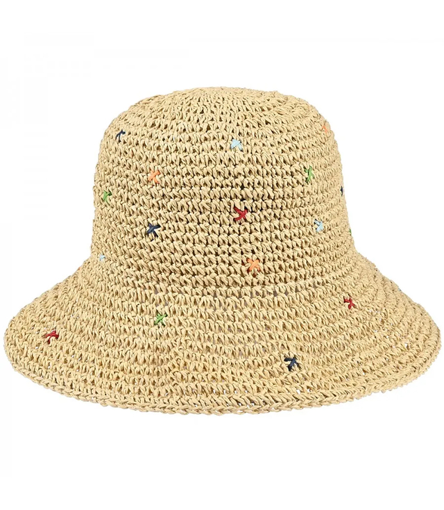 Letni kapelusz damski z plecionej rafii z haftem BUCKET HAT