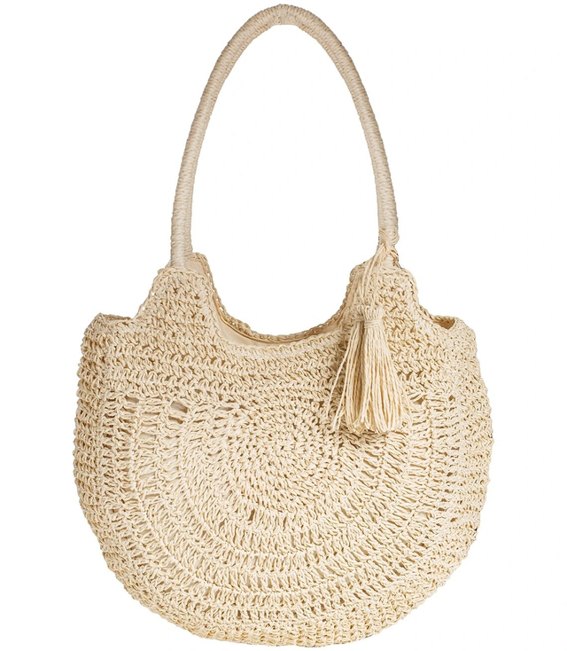 Large round straw beach bag, fully woven