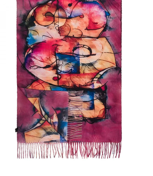 Women's scarf with abstract motif tassels