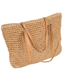 Large rectangular straw beach bag with eco-leather handles