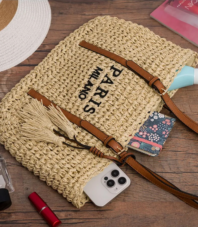 Braided boho handbag with tassels and lettering PARIS MILANO