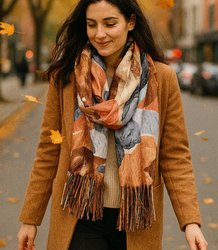 Women's scarf with floral motif and tassels elegant