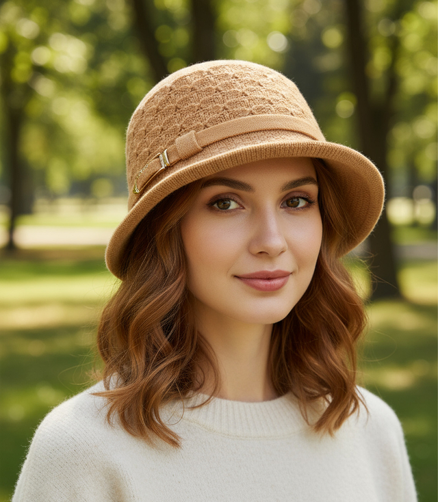 Women's hat with decorative strap and buckle