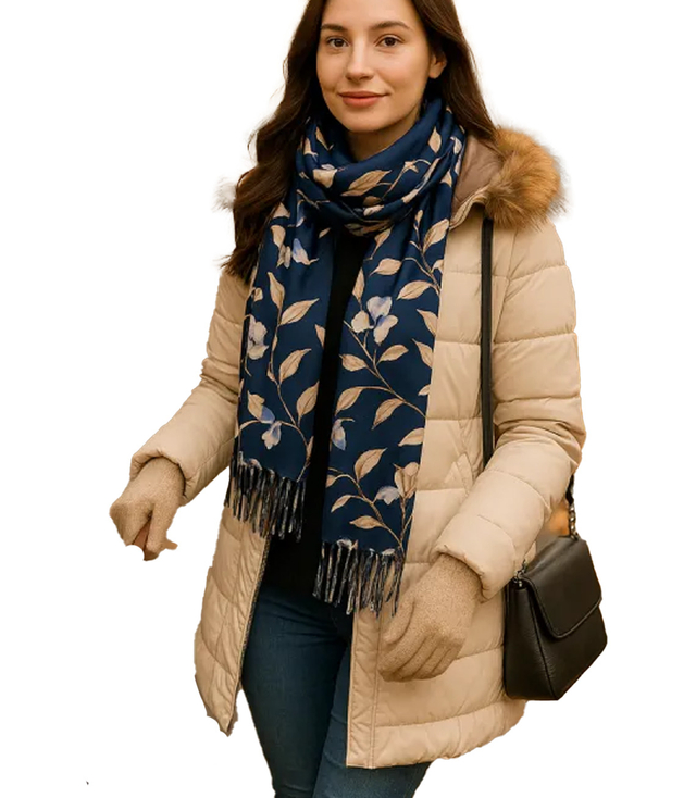 Women's scarf with a motif of small flowers tassels