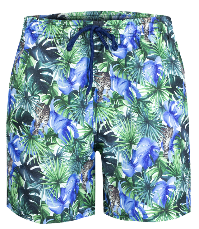 Swimming shorts with tropical print all over patterns