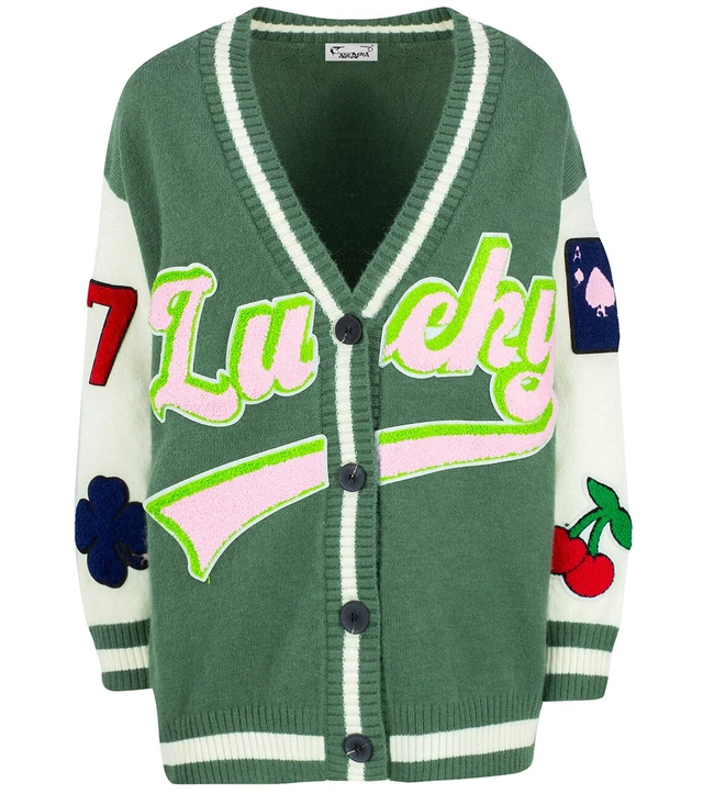 Krótki sweter kardigan z naszywkami LUCKY 