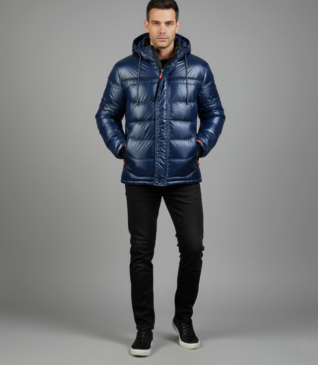 Men's winter quilted jacket with hood and sheen