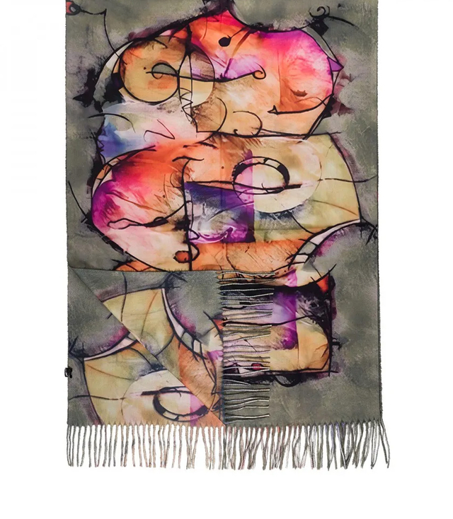 Women's scarf with abstract motif tassels