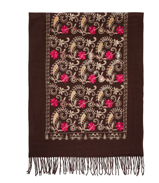 Women's folklore scarf with flower motif and tassels