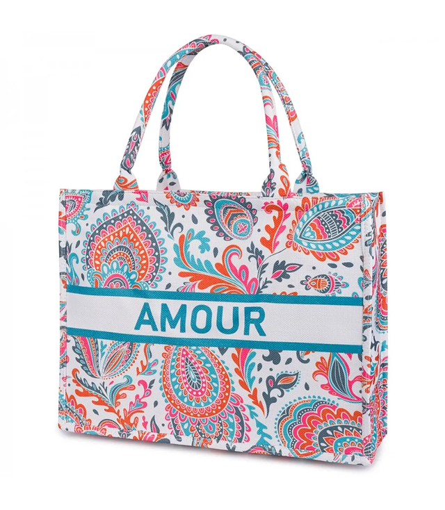 Large colorful shopper bag with AMOUR lettering