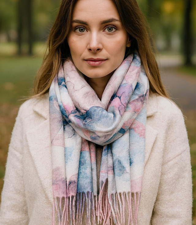 Women's scarf with floral motif and tassels elegant