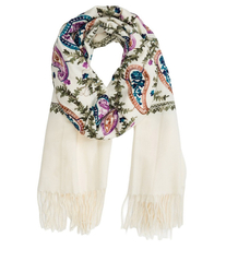 Women's scarf with embroidered pattern and tassels