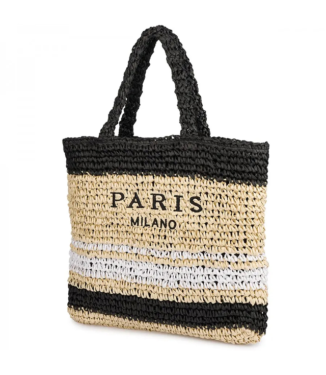 Large plaid shuttle bag with horizontal stripes with PARIS lettering