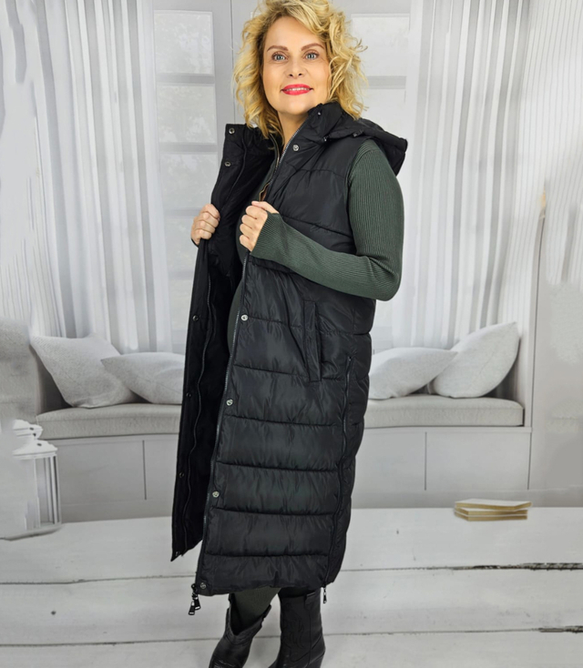 Women's long sleeveless quilted vest with hood TORI