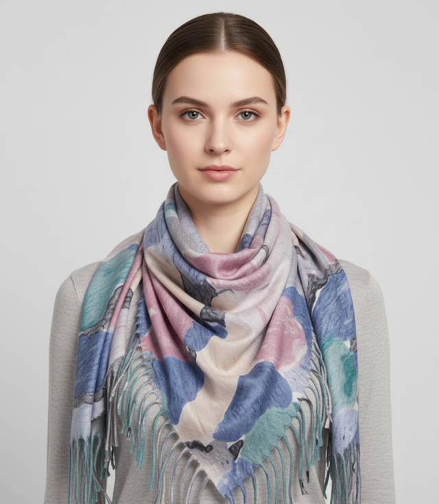 Multicolored elegant women's floral scarf with tassels