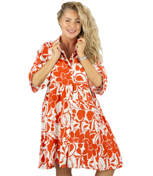 Loose midi dress with frills in all over print CLARA