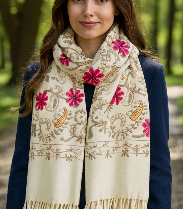 Women's folklore scarf with flower motif and tassels