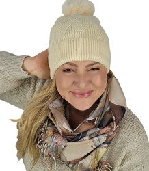 Warm women's beanie with pompon winter autumn with zircons one-color