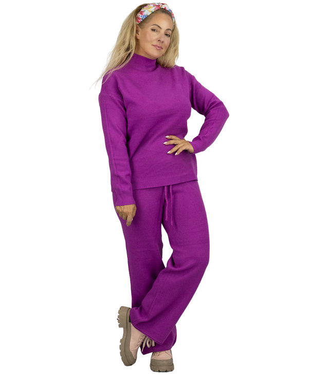 Knitted tracksuit set blouse with stand-up collar and flared pants KAMILLA