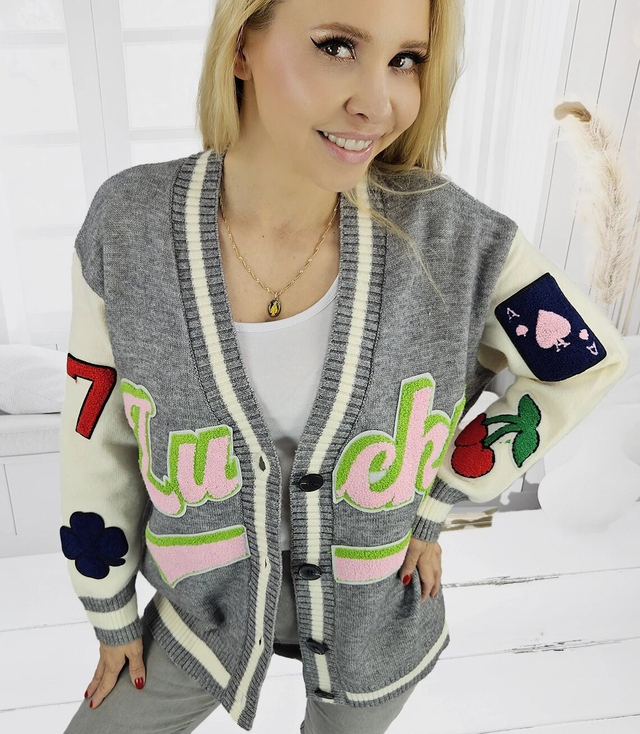 Short cardigan sweater with patches LUCKY 