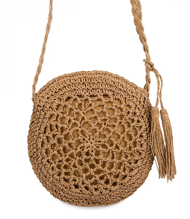 Round small summer shoulder bag made of paper raffia