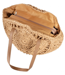 Large round straw beach bag, woven with an openwork pattern